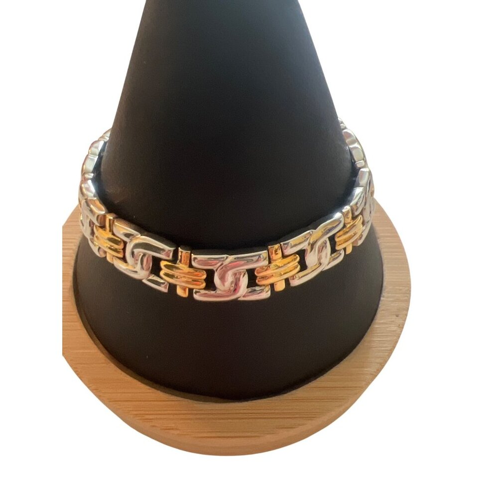 Two Tone Gold Silver Link Bracelet Fold Over Clasp Stainless Steel Unisex 7.25"
